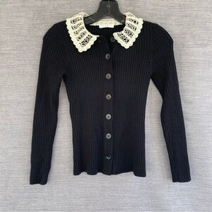 Women’s Sandro Cardigan Black Crochet Collar